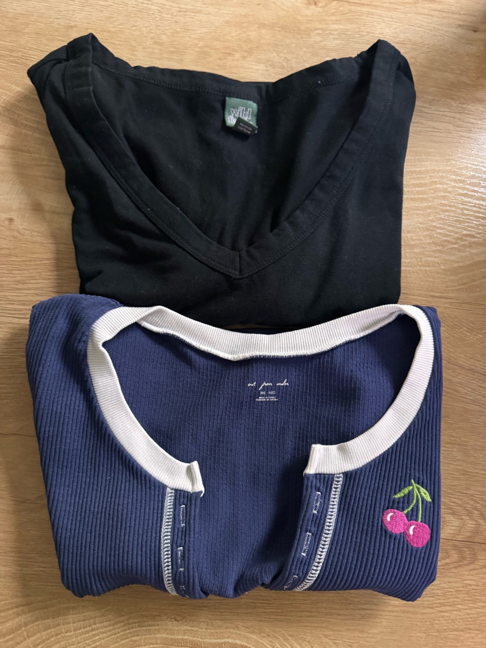 Urban Outfitters Navy Ribbed V-Neck Sweater with Cherry Patch & Black V-Neck Tee